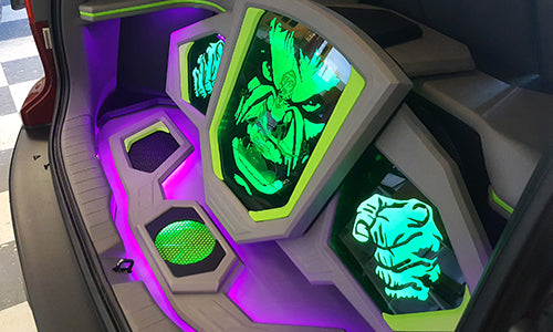 purple light Honda CRV Incredible Hulk Subwoofer Install angle